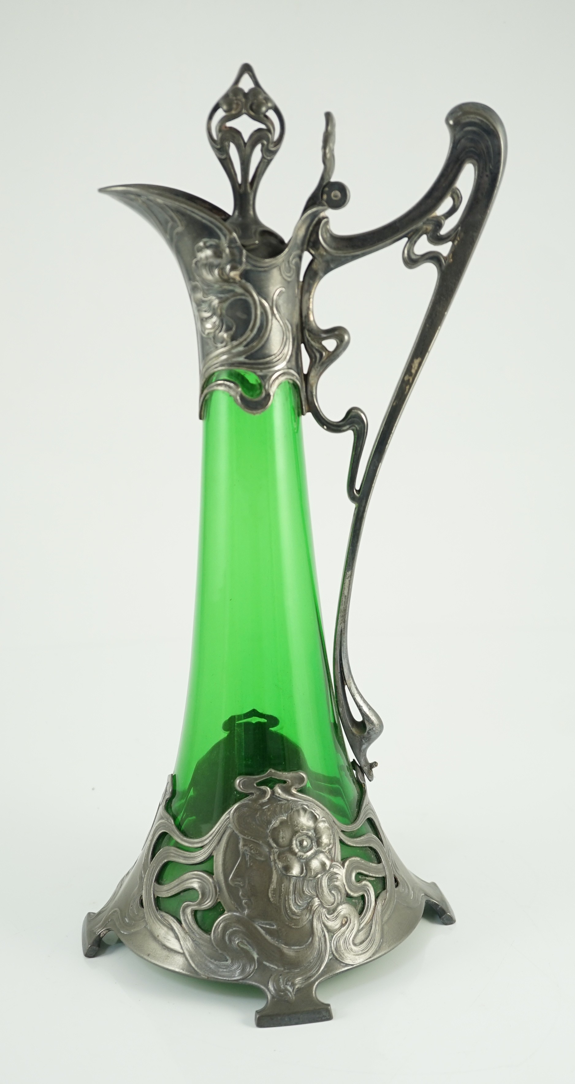 An Art Nouveau WMF metal mounted green glass ewer, c.1905, 40.5cm high